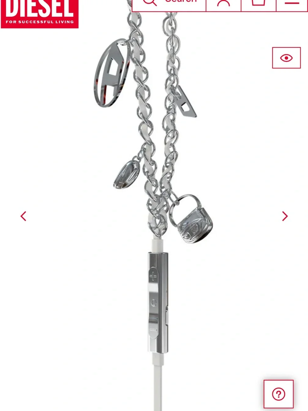 Diesel Silver Charm Chain Earphone Necklace with White Cable and Inline Control